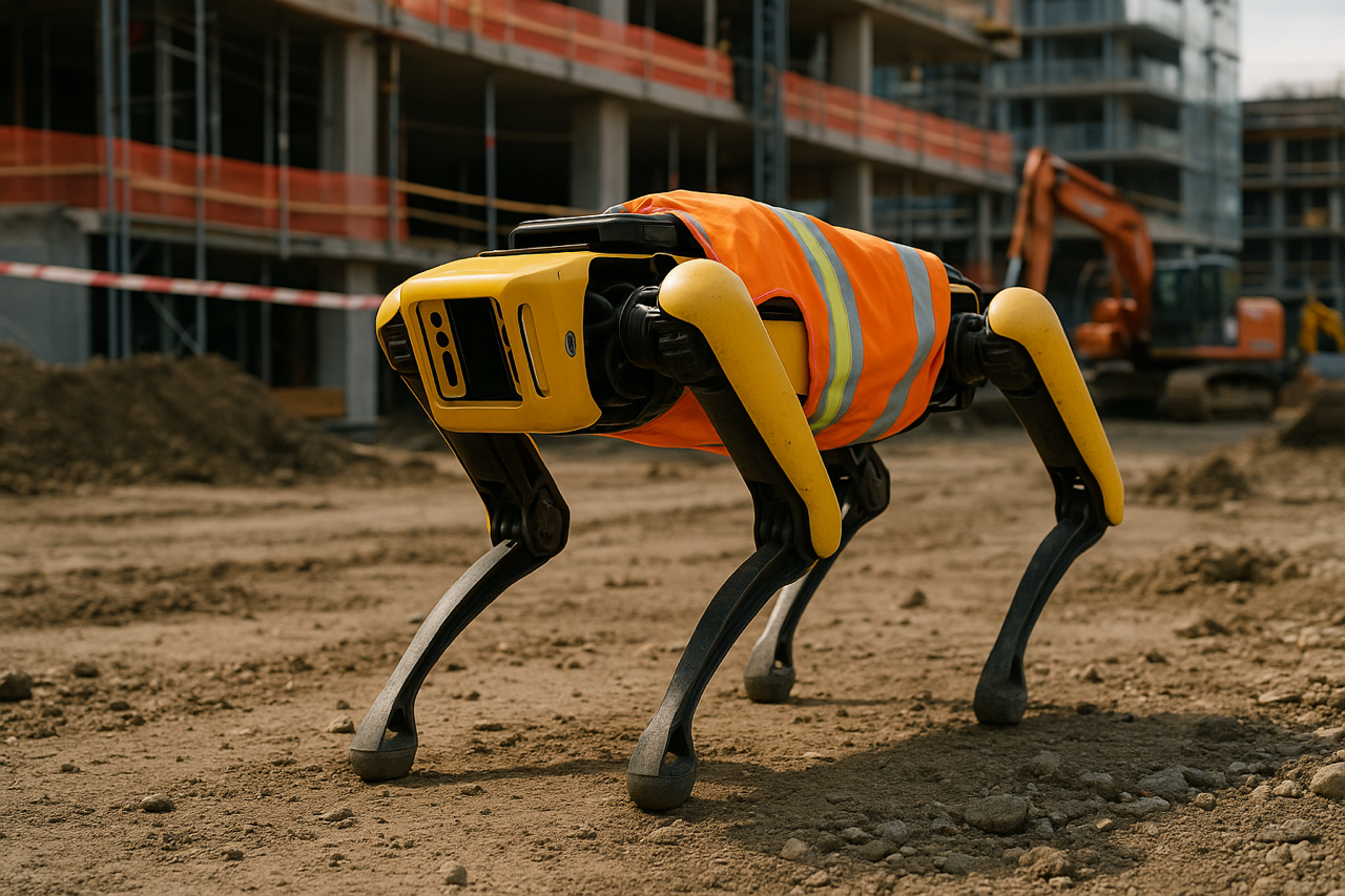 Robot dog in a hi-vis vest scanning a construction site